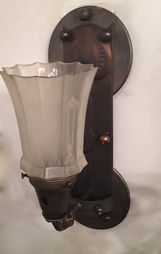 Pair Art Nouveau Single Sconce with Etched Shade